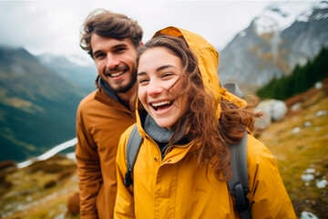 A group of tourists smiles and enjoys the beauty of the mountain in the Alps, creating a vibrant atmosphere of adventure, happiness, and leisure in the alpine landscape	
