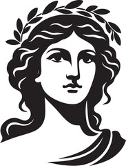 Portrait of a beautiful Greek goddess, antique young woman. olive wreath on the head. Greek, Roman era. Simple flat black outline illustration, engraving