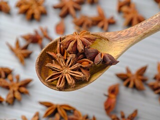 Top view of dried star anise on a spoon.