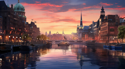3d illustration of Hamburg City at sunset. Germany.