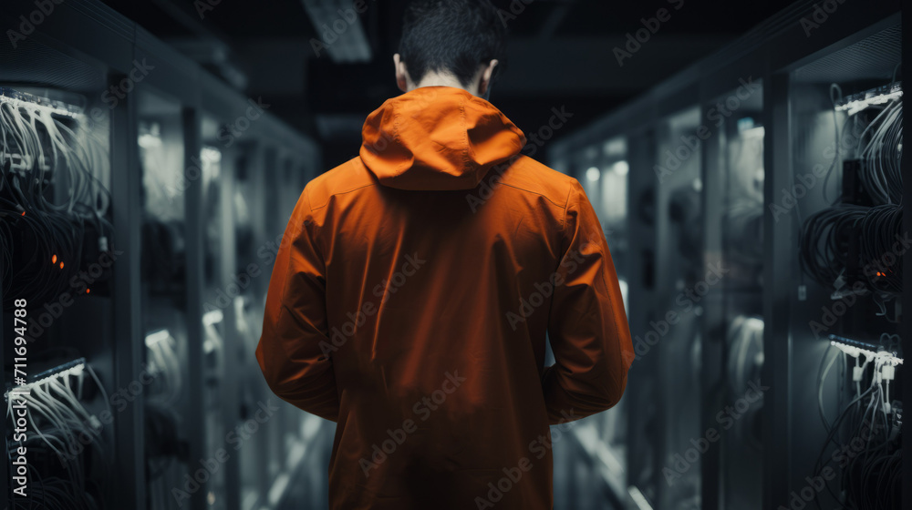 Poster A rear view of an IT engineer, programmer, hacker wearing an orange jacket, working with a tablet in the server room of a high-tech company. Cybersecurity, Information Server, Artificial Intelligence.