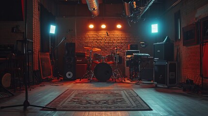 Interior of a recording studio music with stage lights and lighting equipment, ai generative