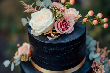 The gorgeous black wedding cake decorated with flowers and two wedding rings