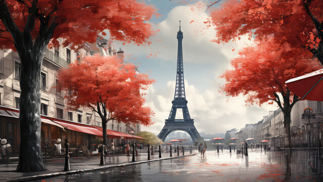 3d illustration of street view of Paris. Artwork. eiffel tower . people under a red umbrella. Tree. France