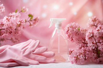 Spray detergent, blooming flowers and gloves on pink background. Spring cleaning concept