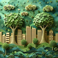 Handcrafted urban landscape promoting green living, with paper skyscrapers surrounded by foliage.
