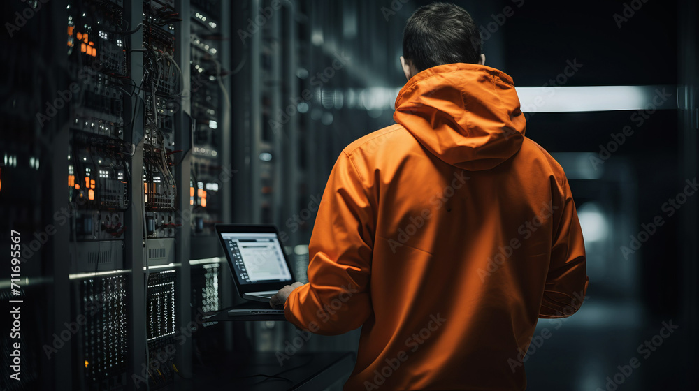 Poster A rear view of an IT engineer, programmer, hacker wearing an orange jacket, working with a tablet in the server room of a high-tech company.