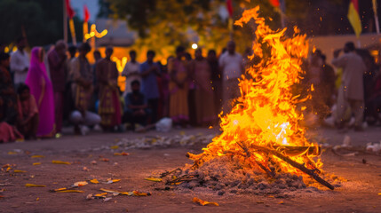 Holika Dahan Festival. Close-up of bonfire and blurred people in background.