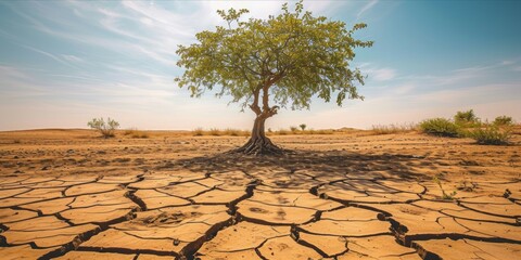 Lonely tree in the desert. Global warming, climate change