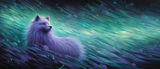 Fototapeta na wymiar white Arctic fox with a fluffy looks up to Northern lights