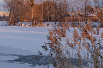 Kyiv, Ukraine - January 15, 2024, the temperature dropped sharply on the street. everything froze. the lake was covered with ice and covered with snow. a very beautiful sunset in the background
