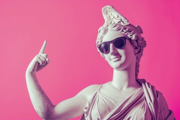 Greek god plaster statue flexing smiling, wearing cool blue sunglasses, shows thumb
