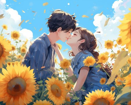 anime cute kissing. love Valentine's Day couple romantic painting cartoon illustration. With sunflowers