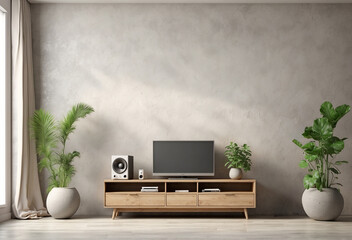 3d render of a living room with empty tv screen