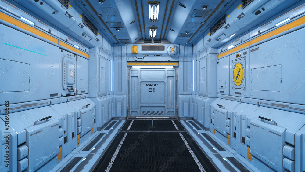 Poster futuristic corridor with blue metallic walls in a sci-fi fantasy space ship or station. 3d rendering