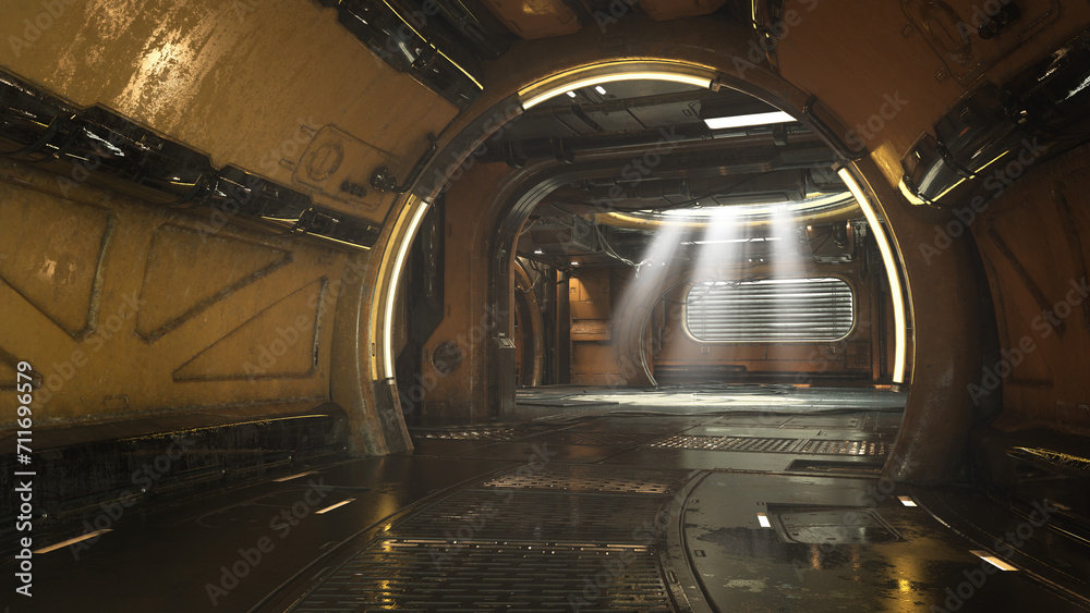 Poster Sci-Fi underground tunnel in a dystopian post apocalypse environment. 3D rendering.