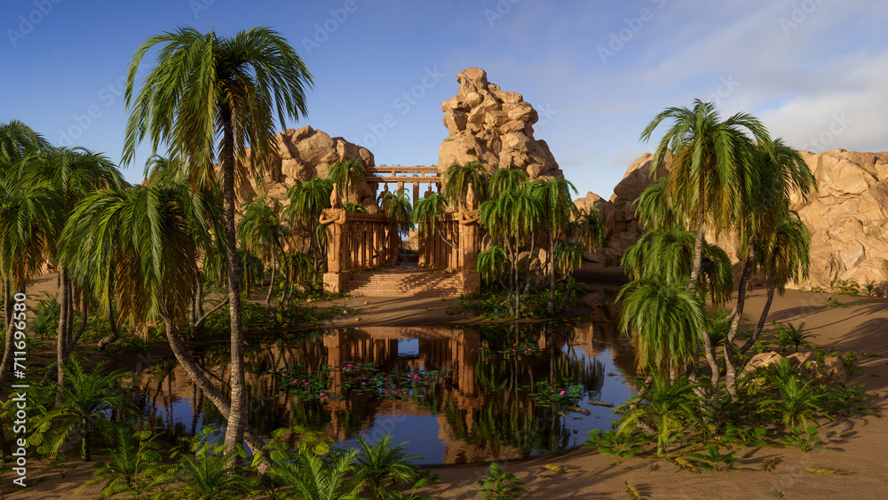 Aufkleber fantasy ancient egyptian temple with refelctions in a lake of an oasis in a desert landscape. 3d ill