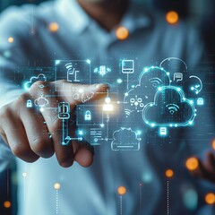 A tech professional engages with a cloud computing hologram, highlighting interactive digital solutions.
