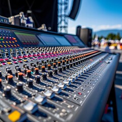 The heart of concert sound production, an intricate mixing board, under the hues of sunset.

