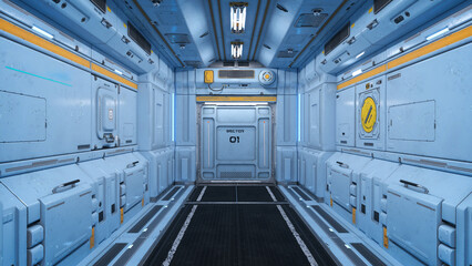 Futuristic corridor with blue metallic walls in a sci-fi fantasy space ship or station. 3D rendering. © IG Digital Arts