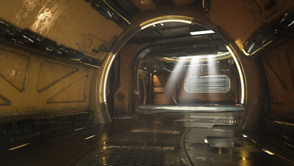 Sci-Fi underground tunnel in a dystopian post apocalypse environment. 3D rendering.