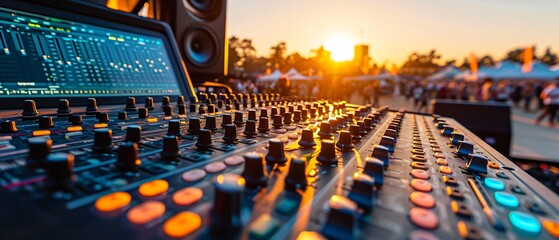 An audio mixing console at a live concert event glows with vibrant controls as the sun sets in the background.
 - obrazy, fototapety, plakaty