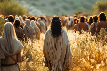 Jesus Christ travels around Jerusalem with his followers, preaching to a crowd of followers