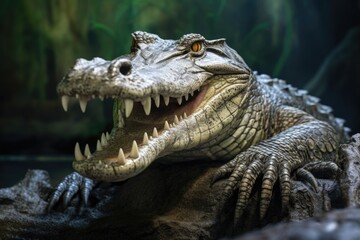 Freshwater crocodile portrait with open mouth in river background.