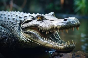 Fototapeta premium Freshwater crocodile portrait with open mouth in river background.