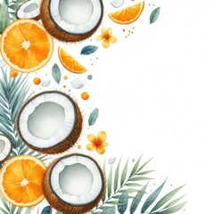 Watercolor, Illustrations, White Background, Plants, Fruits, Cosmetics, Ingredients, Coconut, Orange, Art, Painting, Botanical, Colorful, Vibrant, Organic, Natural, Beauty, Skincare, Makeup, Cosmetic