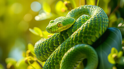 Bright green snake coiled amidst lush foliage, its intricate scales glistening in sunlight. Ideal for wildlife and nature themes.  - obrazy, fototapety, plakaty