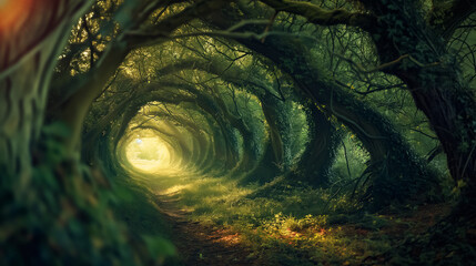 Enchanting forest pathway: A magical green tunnel of overgrown trees with light at the end, ideal for themes of exploration, mystery, and nature’s beauty.  - obrazy, fototapety, plakaty