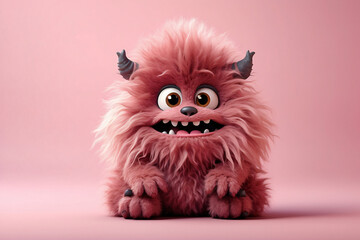 cute pink furry monster on pink background