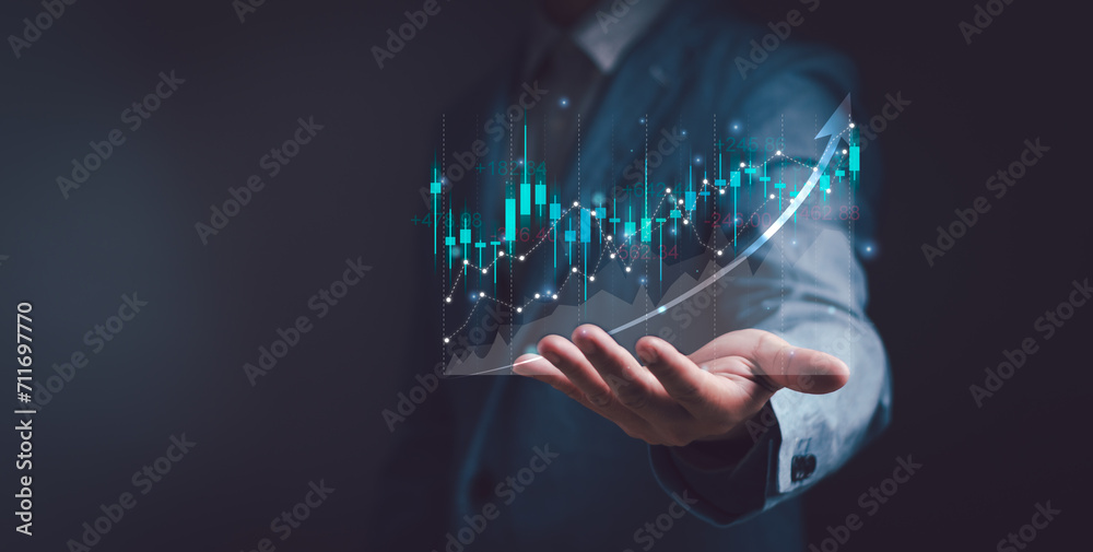 Wall mural investors or traders display virtual stock chart graphics on hands, concepts of analysis, investment