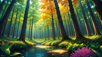 Surreal illustration of wonderful forest - obrazy, fototapety, plakaty