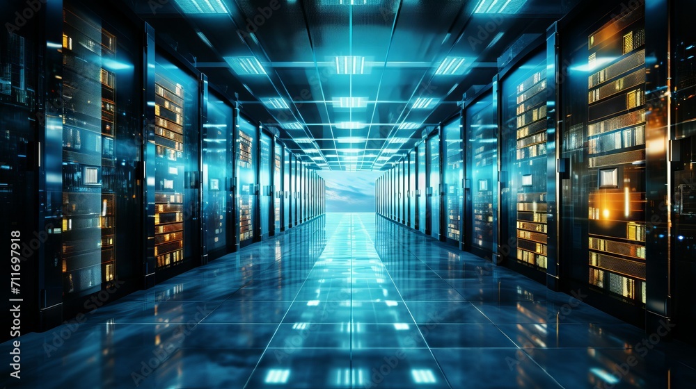 Poster A data center with several rows of workable server racks. Modern telecommunications, artificial intelligence, supercomputer technology concepts.