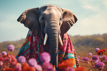 elephant with flower shawl - obrazy, fototapety, plakaty