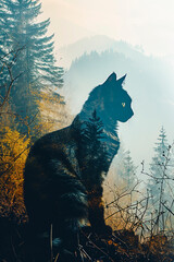 Majestic Cat Overlooking Misty Forest Mountains created with Generative AI technology