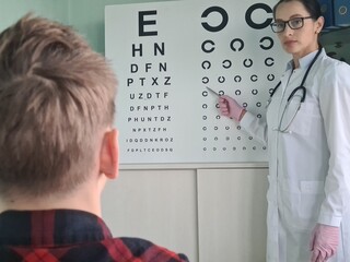 Fototapeta na wymiar Ophthalmologist checking eyesight of teenage boy