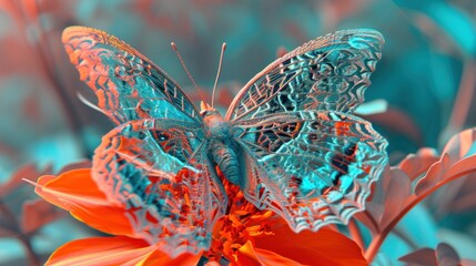 A beautiful butterfly lady made from intricate lace patterns sitting on a bright orange flower, surreal, dynamic composition, rich textures, blue