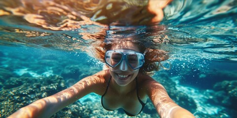 closeup Woman with mask dive in tropical blue sea. - obrazy, fototapety, plakaty