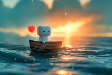 A cute hopeful marshmallow searching his true love through the ocean - obrazy, fototapety, plakaty