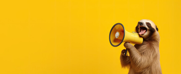 Obraz premium a happy sloth holding a yellow megaphone speaking in it with yellow solid background,generative ai.