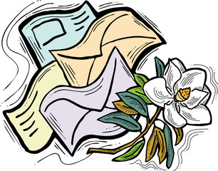 Romantic letter, flowers and mail envelop. Decorative vector elements for discount poster, sale banner, birthday cart, wedding party invitation. Hand drawn illustration, retro style drawing.