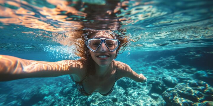 Young woman in snorkeling mask swimming underwater in tropical sea