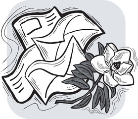 Romantic letter, flowers and mail envelop. Decorative vector elements for discount poster, sale banner, birthday cart, wedding party invitation. Hand drawn illustration, retro style drawing.