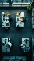 Office Blues: Depressed Workers in Cubicles, Captured in a Top-Down Wide Shot