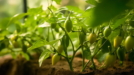 Obraz premium Explore the Padron pepper plant with vibrant green peppers adorned with dewdrops. Experience the cultivation, ripening, and harvesting of these hot Spanish peppers in a garden.