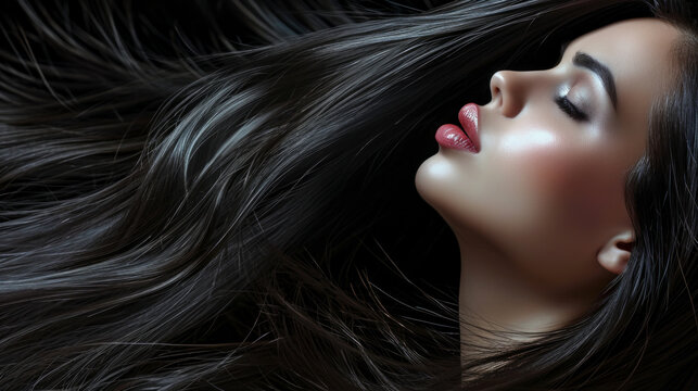Woman with long glossy dark hair and shiny lip gloss. Hair salon website concept
