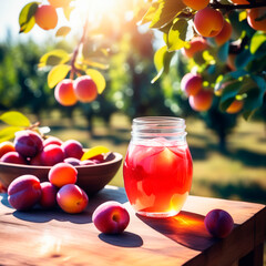 plum juice in a glass and fresh fruits on a wooden table